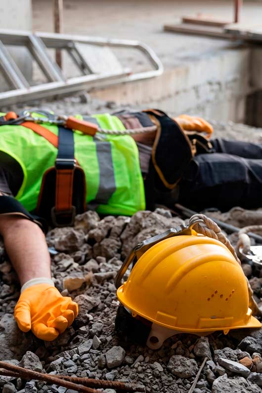 Obrero caído sobre escombros en una zona de obras