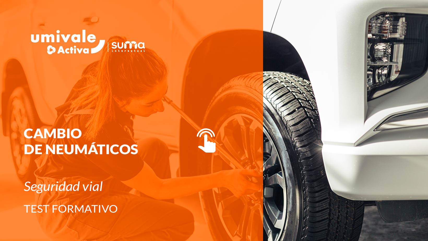 Mujer cambiando la rueda pinchada de un coche