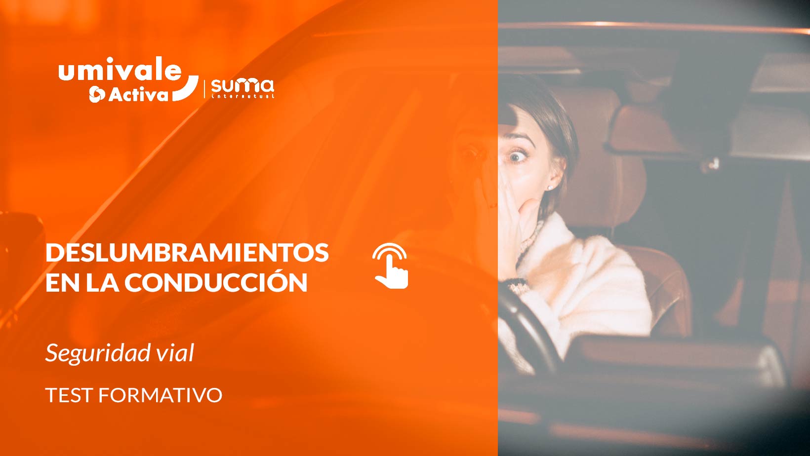 Mujer con expresión asustada debido a un deslumbramiento mientras conduce de noche